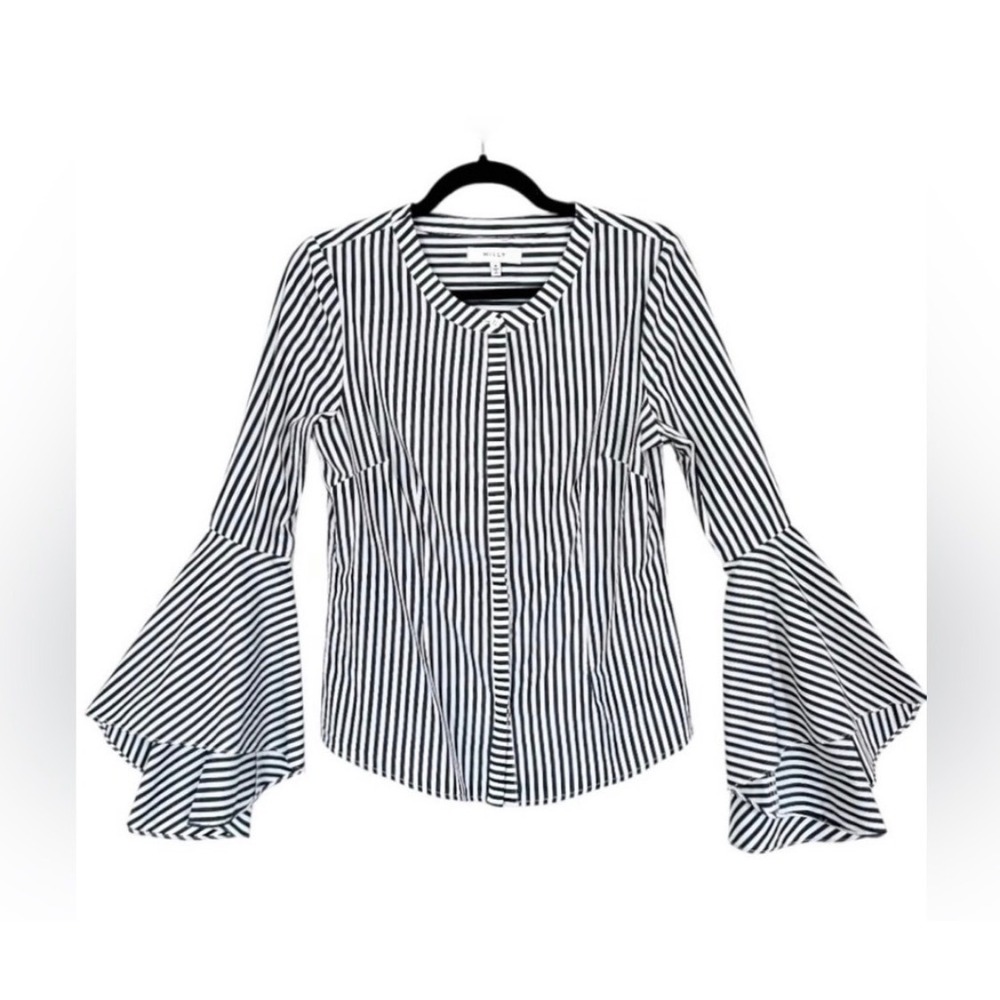Milly‎ Michelle Bell Sleeve Blouse Women Charcoal White Striped Statement Cotton